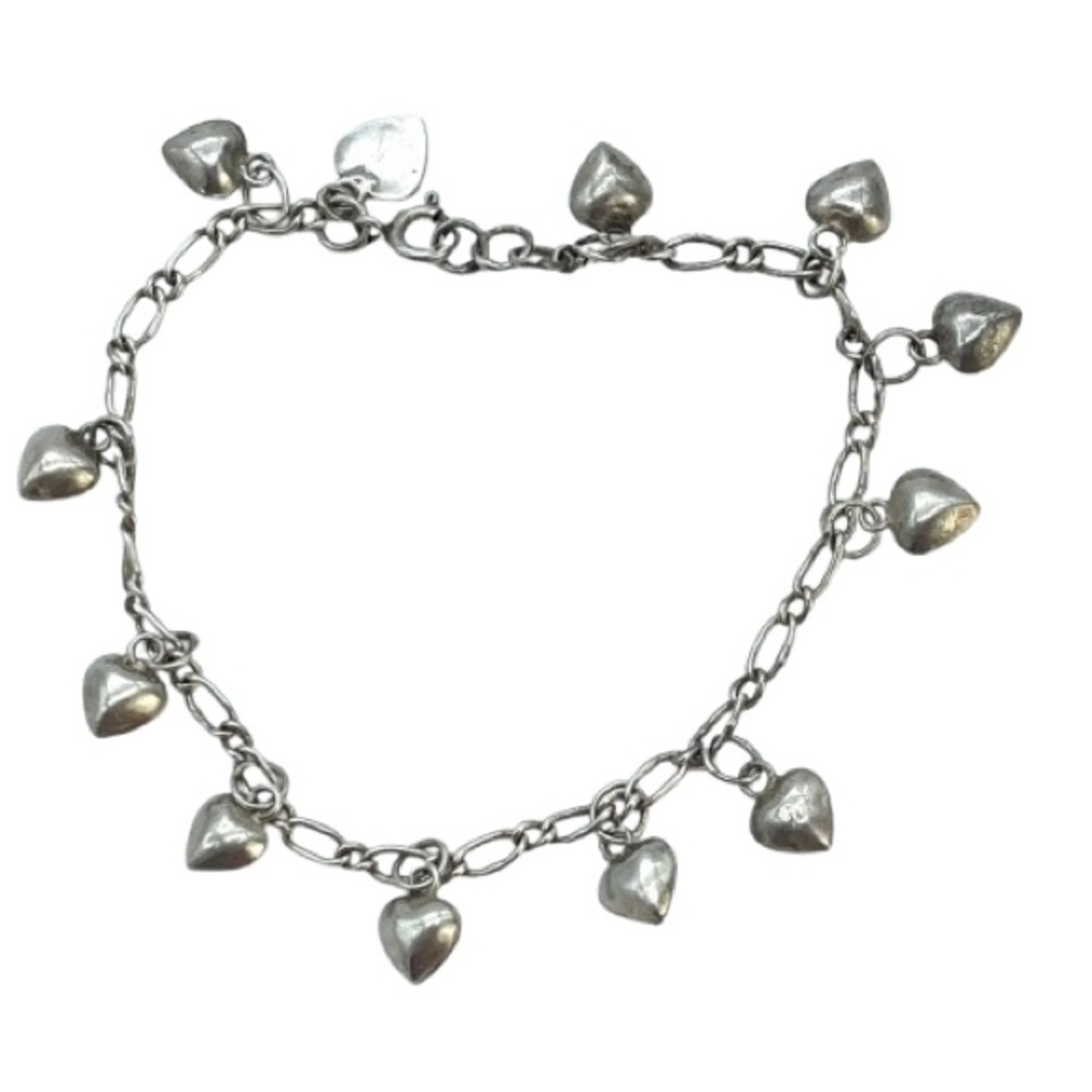 Dainty Silver Heart Charm Bracelet | Dangle Puffy Pendants, Sterling Link Chain
